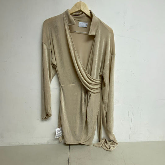 ASOS DESIGN wrap slinky blouson sleeve midi dress in Cream Size 8