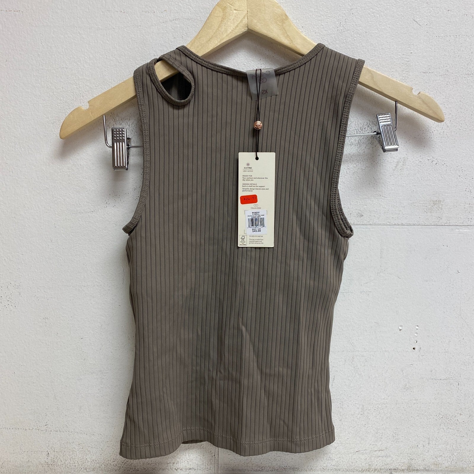 Calia Women's Trendy Striped Cut Out Ribbed Tank Top Dark Grey WAX11269 New