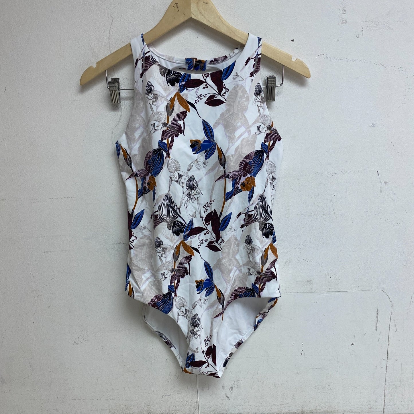 CALIA WOMENS OPEN BACK HIGH NECK ONE PIECE SWIMSUIT ISLAND BOTANICAL MUTLICOLOR