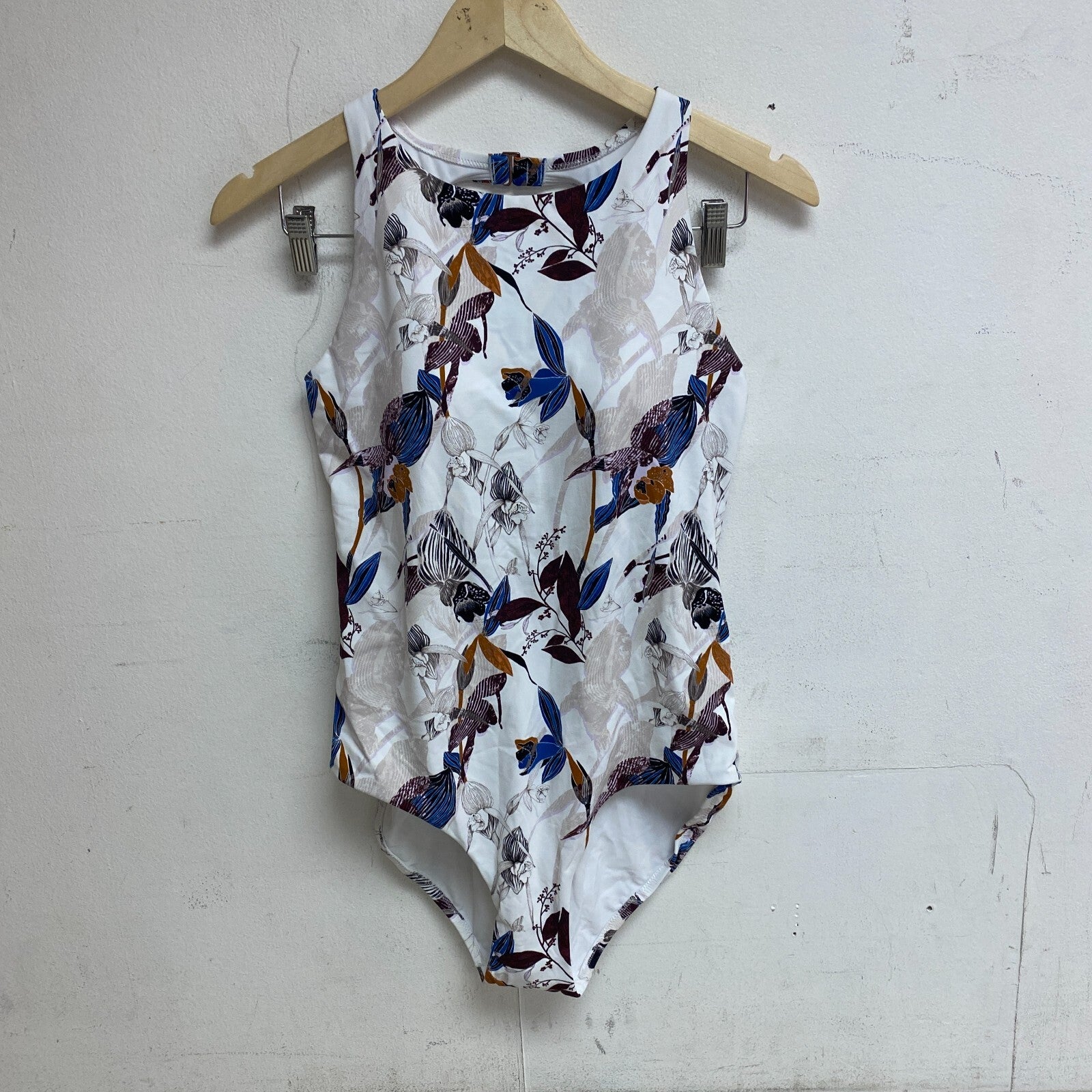 CALIA WOMENS OPEN BACK HIGH NECK ONE PIECE SWIMSUIT ISLAND BOTANICAL MUTLICOLOR