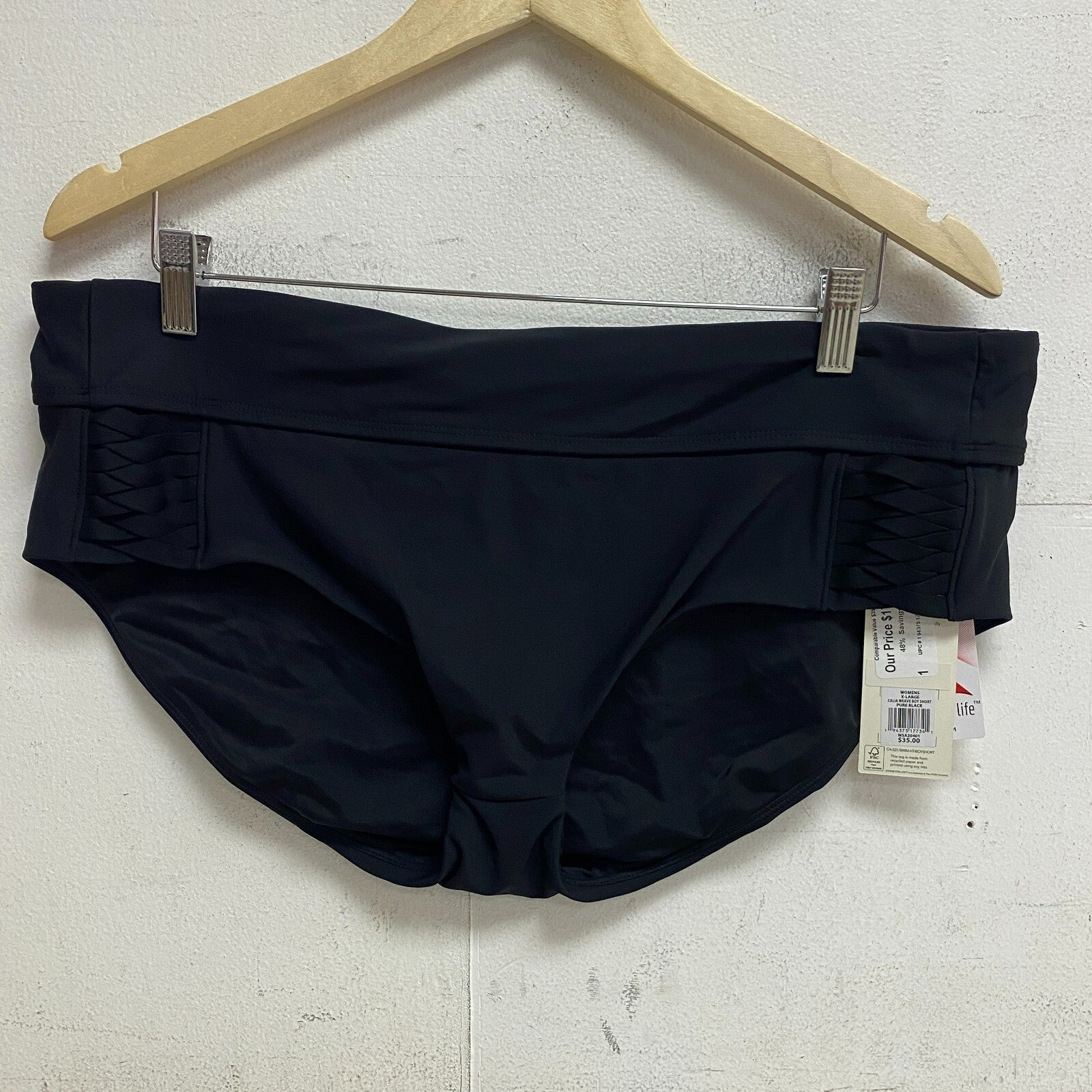 Calia Womens Weave mid rise Boy Short Pure Black swim Solid Trendy WSA20401