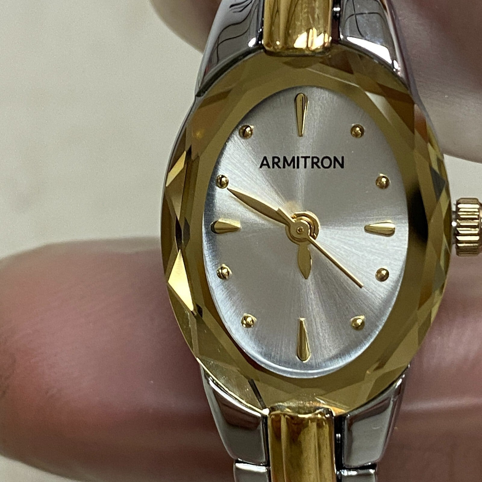 Armitron Watch Women Gold Silver Two Tone Faceted Bezel New Battery 6.5" J1134