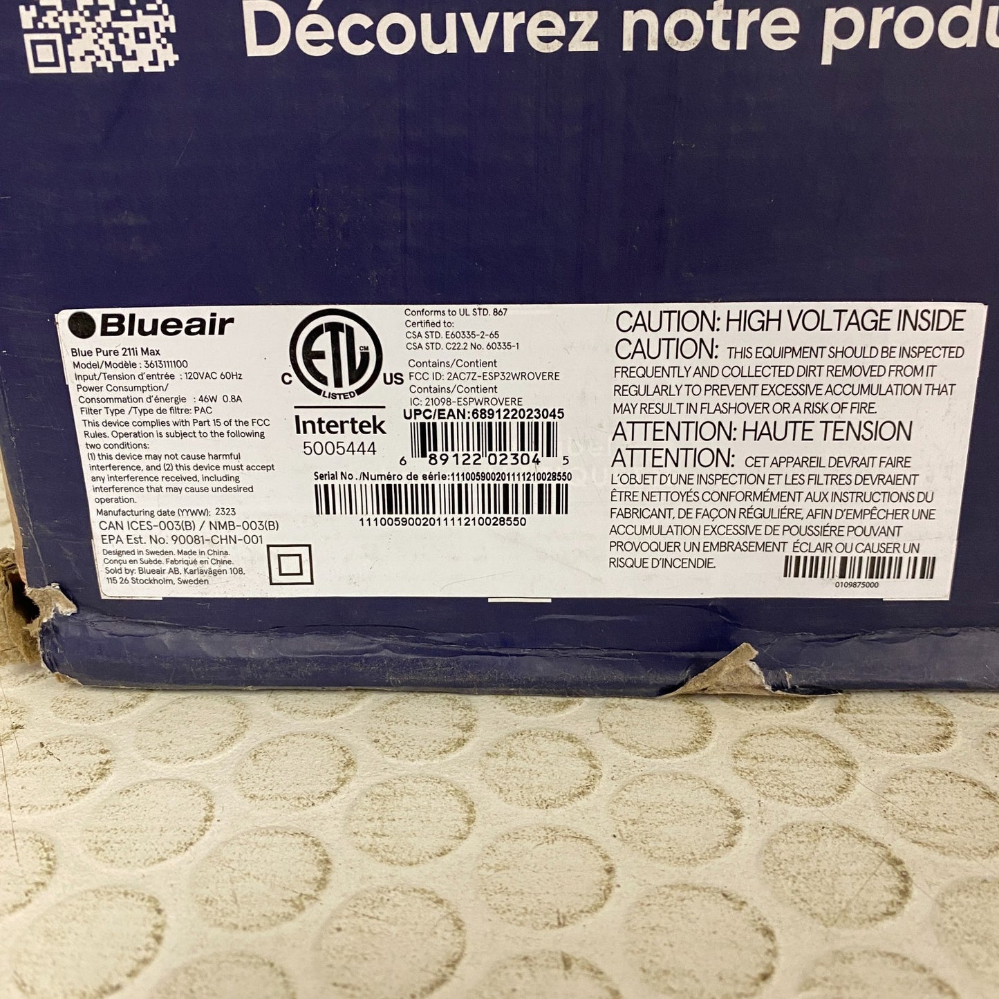 Blueair Pure 211i Max Smart HEPA Air Purifier Large Room 3613111100