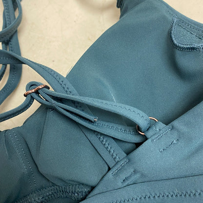 Calia Womens Runched Front Cross Top Deep Aqua Solid Racerback Swimwear WSA23204