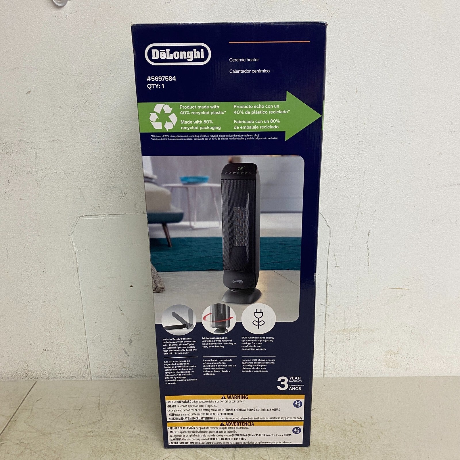 Delonghi 1500W Ceramic Tower  Space Heater w/ Thermostat And Remote 5697584