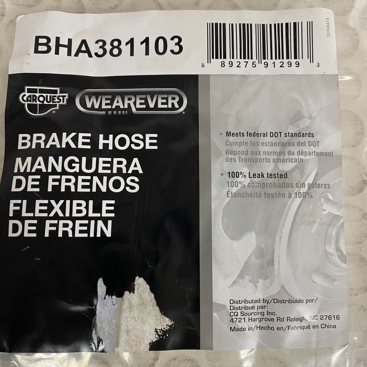 Carquest Wearever Brake Hose Assembly  w/o copper washers BHA381103