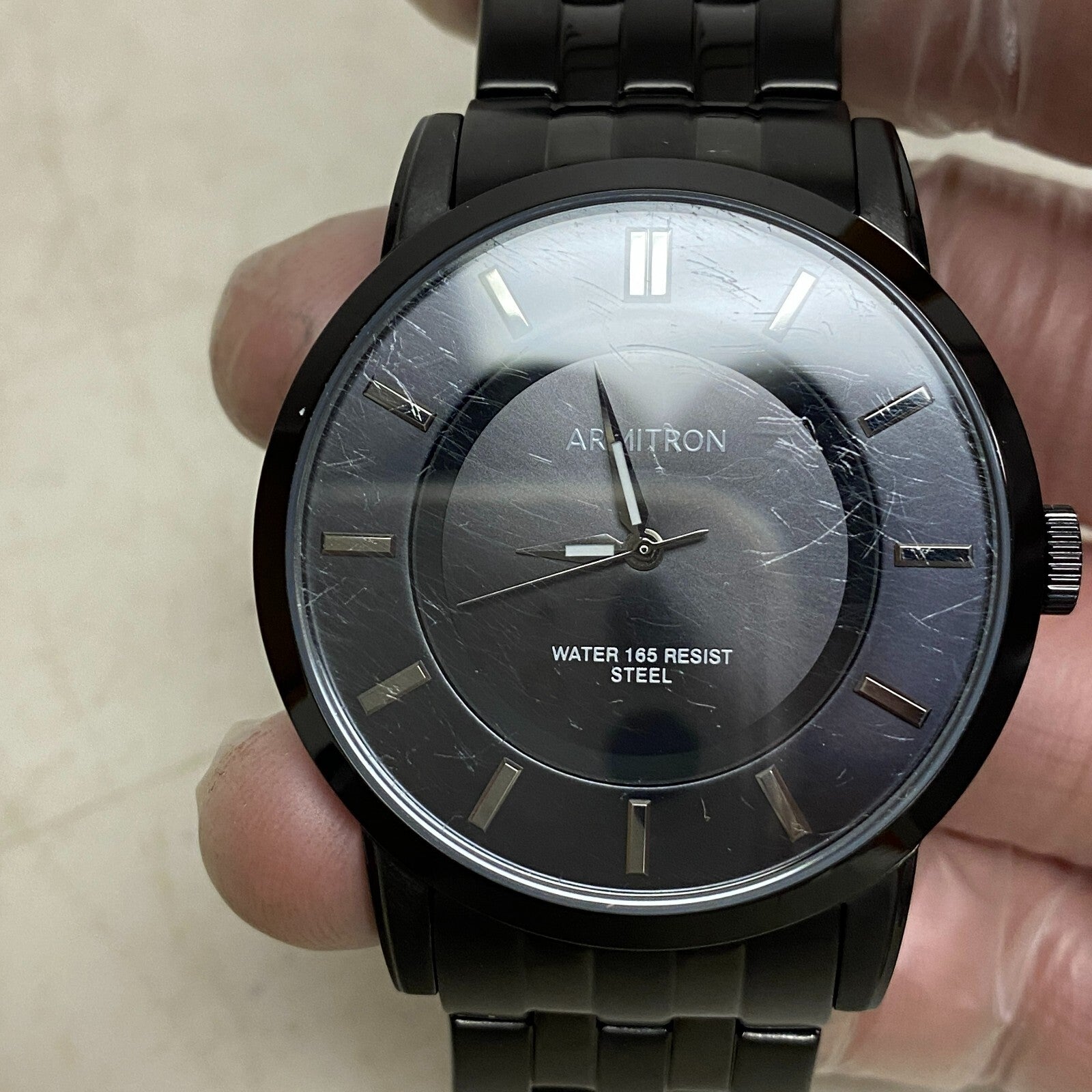 Armitron Steel Watch Men 42mm Black Round Dial 50M Stainless 6.5" 20/4962TI