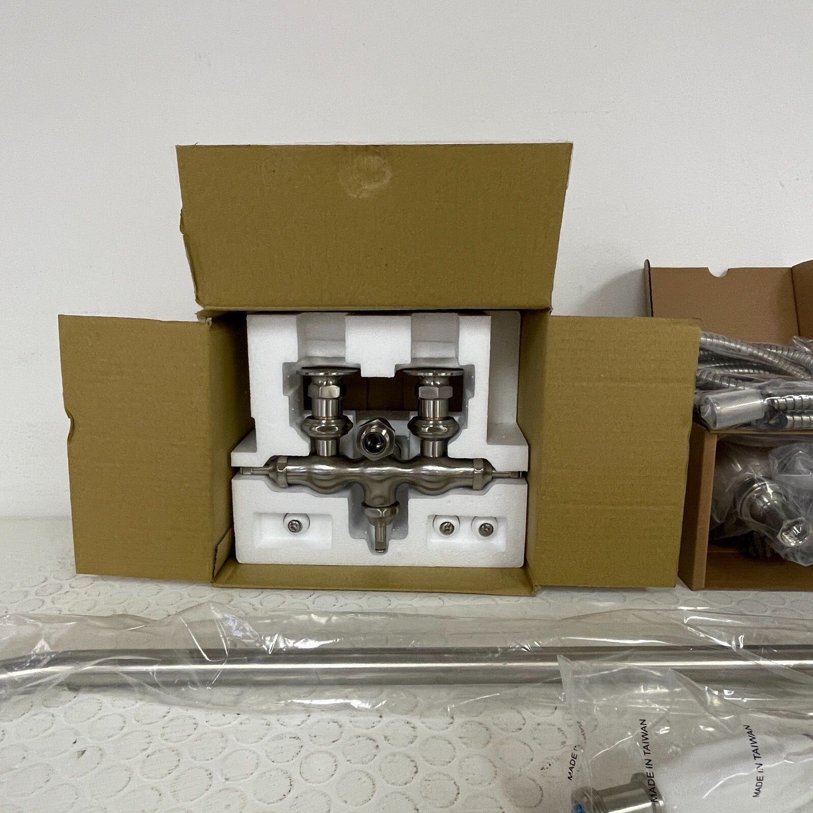 Signature Hardware Baywood Exposed‑Pipe Shower with Hand‑Shower Brushed Nickel