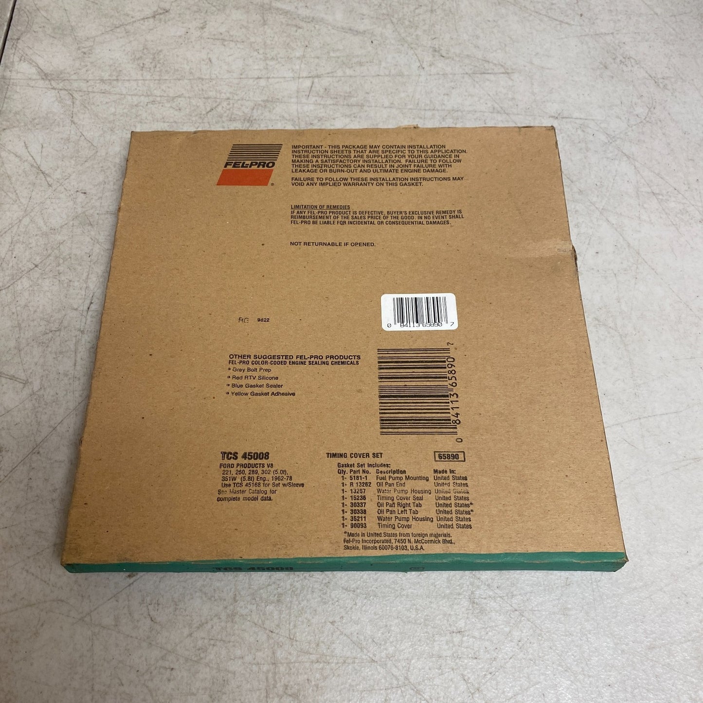 FEL-PRO TCS45008 Timing Cover Gasket Set 62-78 Ford 260 289 302 V8 SBF