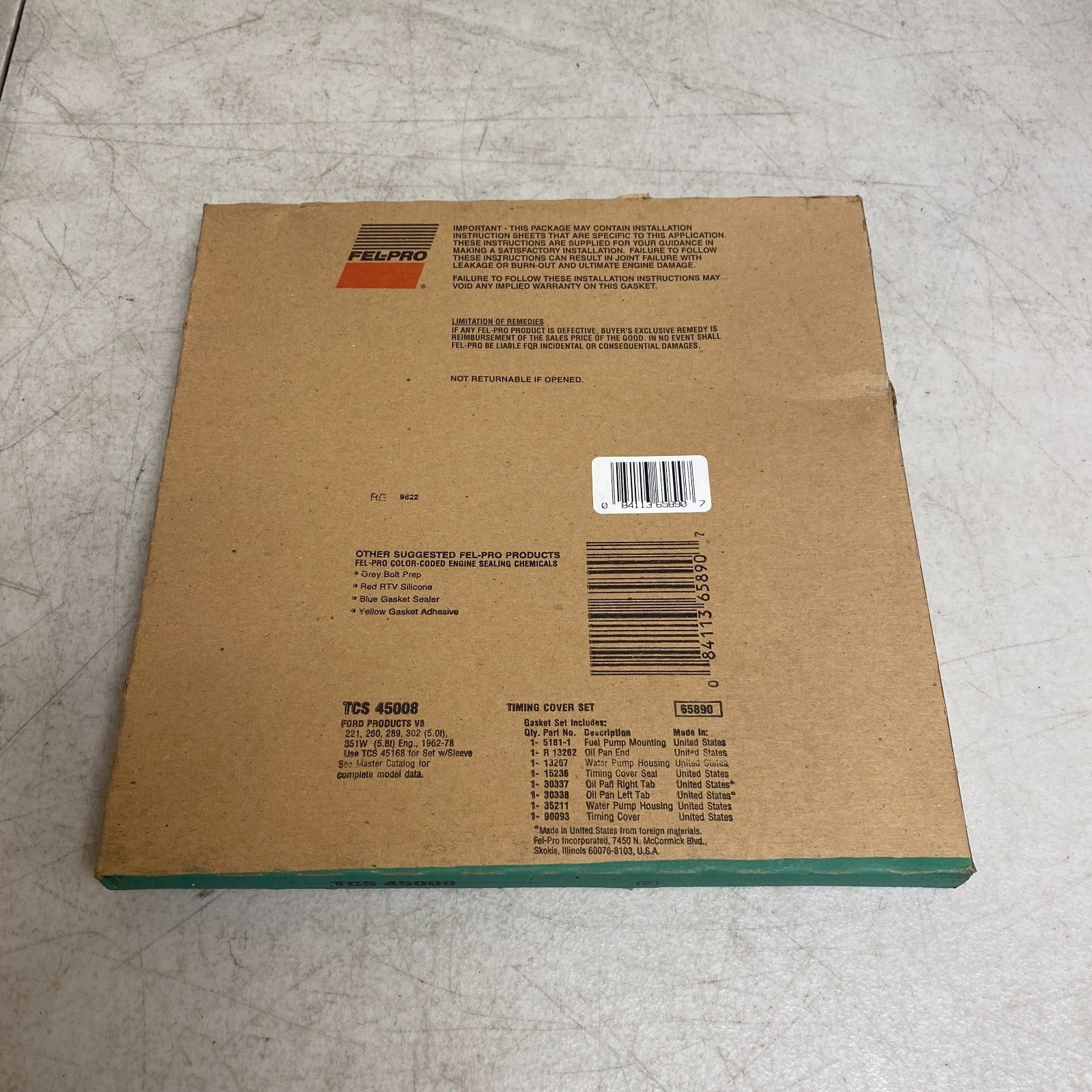 FEL-PRO TCS45008 Timing Cover Gasket Set 62-78 Ford 260 289 302 V8 SBF