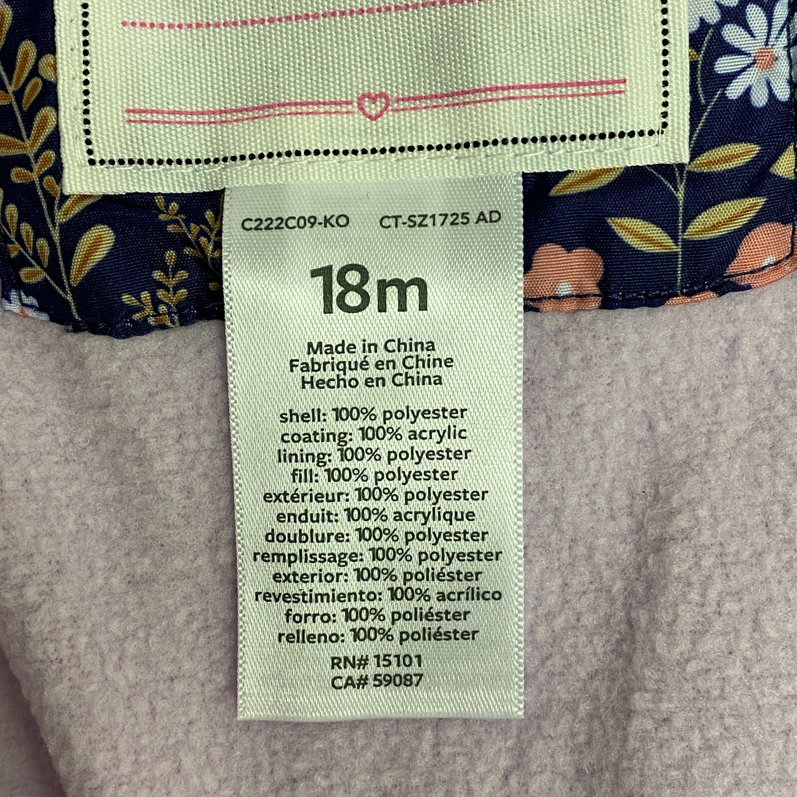 CARTER'S Girl Toddler Floral Packable Puffer Jacket Full Zip Hooded Size 18M NWT