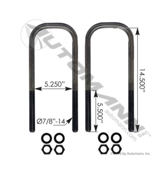 AUTOMANN AUBK8866-144 U-Bolt Kit 7/8" Dia × 5.25" ID × 14.5" Leg Steel Grade 8
