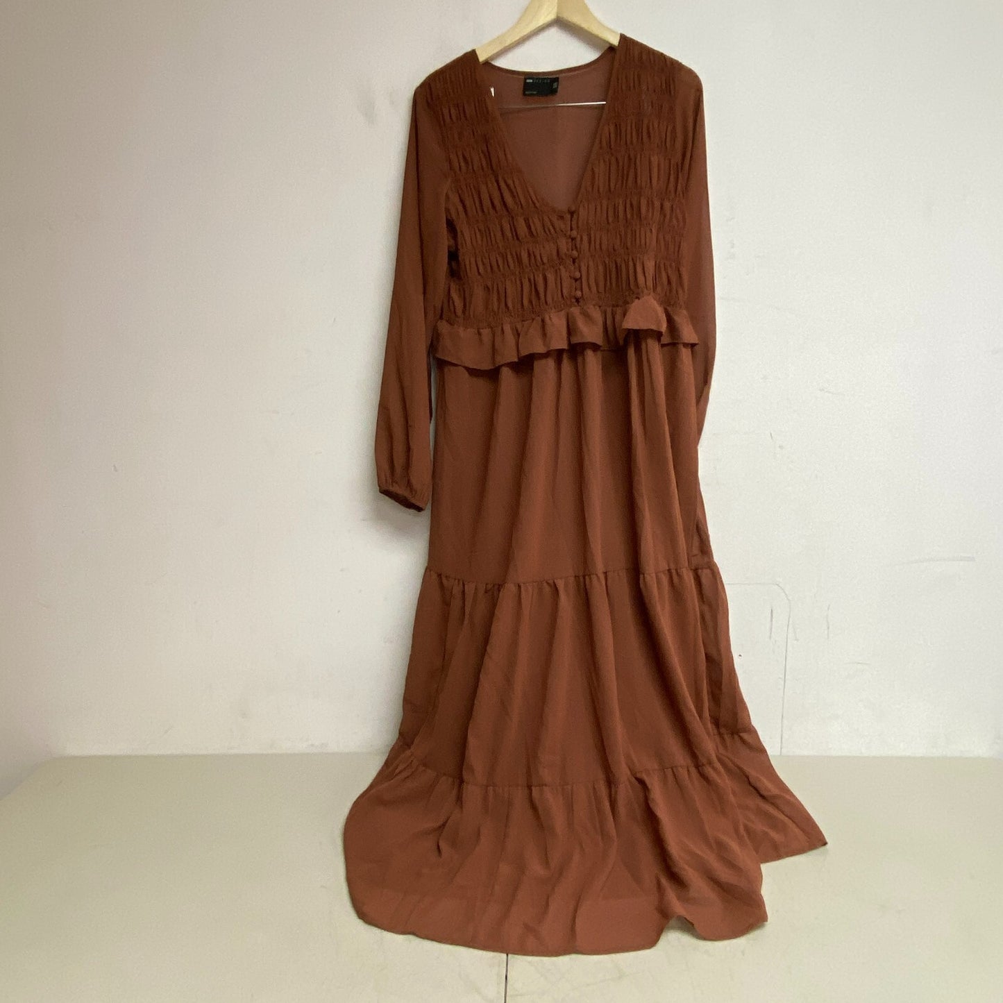 ASOS Design Pink Long Sleeve Ruffled Hem Long Dress Womens Size 8