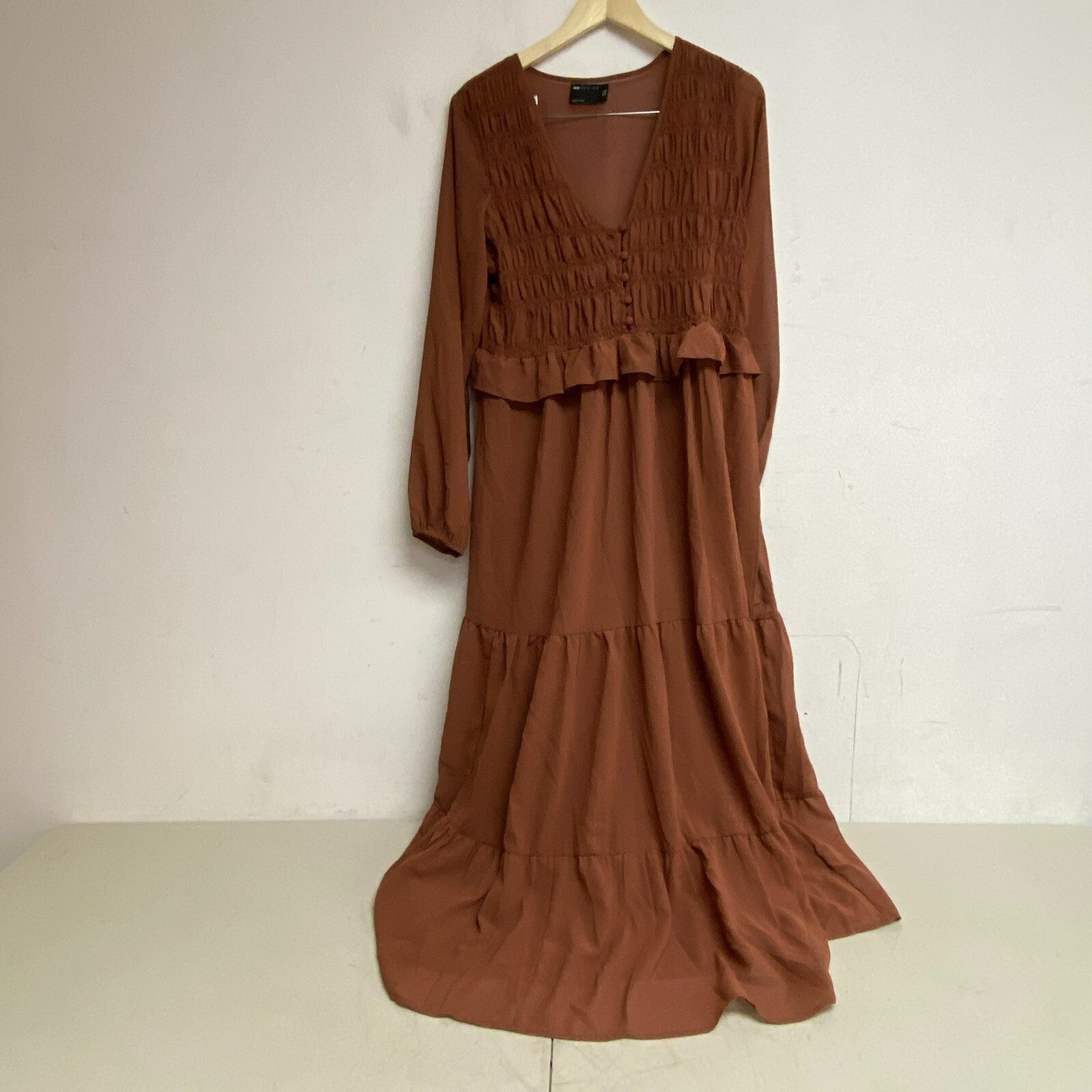 ASOS Design Pink Long Sleeve Ruffled Hem Long Dress Womens Size 8