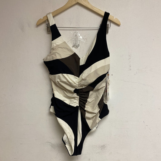 Calia Women's Ruched One Piece Swim Suit Wavy Blocks Neutral WSA23114PRT New!