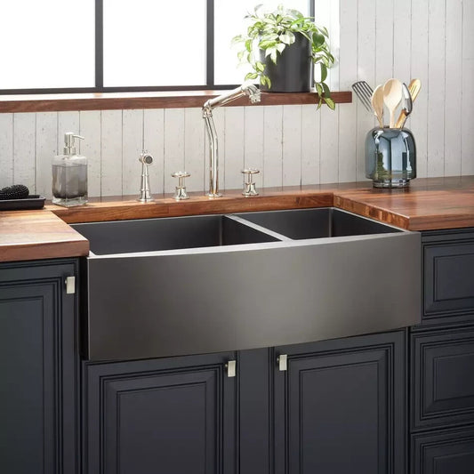 Signature Hardware 36" Atlas 60/40 Offset Double Bowl Stainless Steel Farmhouse.