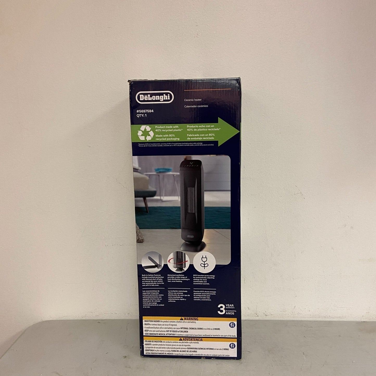 DeLonghi 1500W Ceramic Tower Space Heater w/ Thermostat And Remote