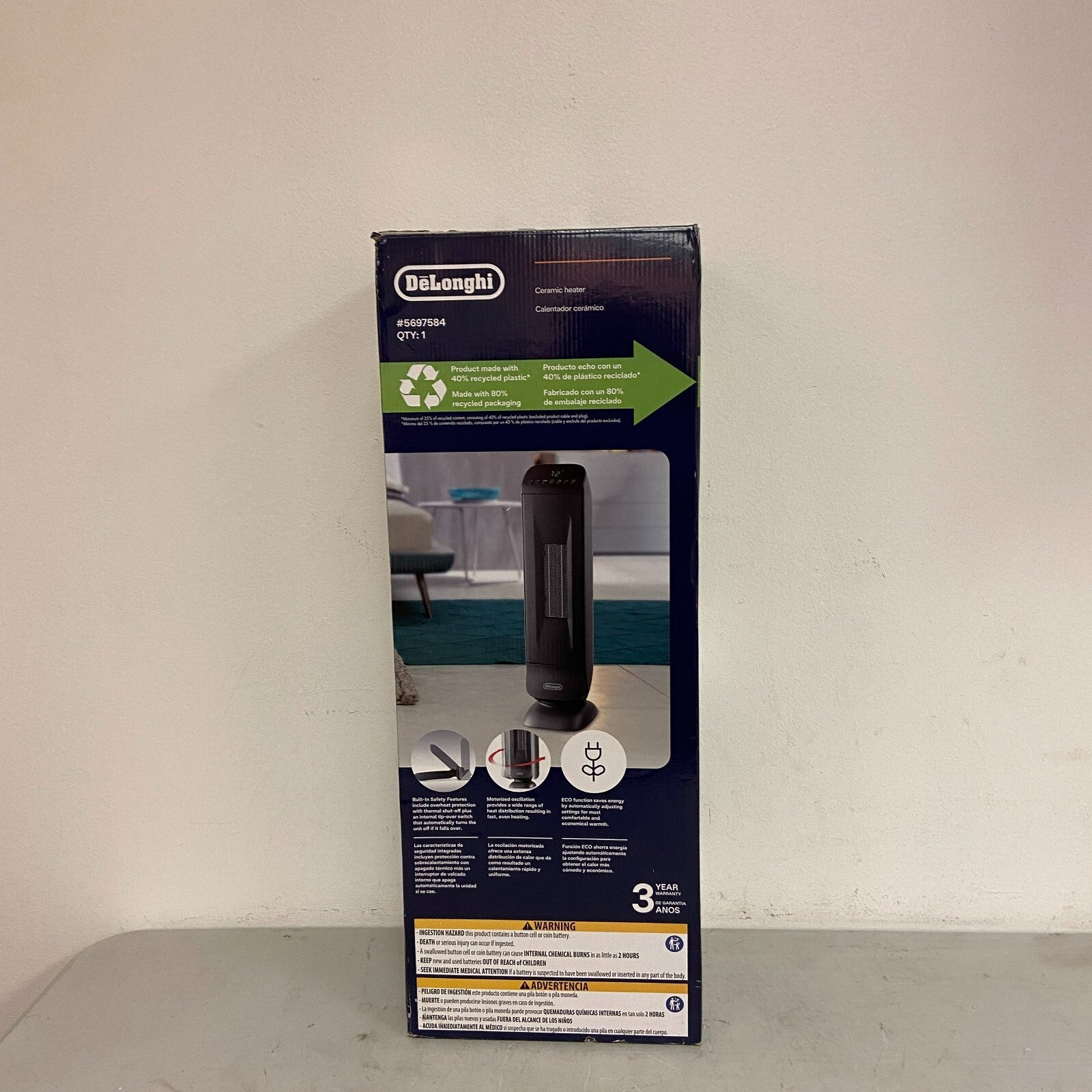 DeLonghi 1500W Ceramic Tower Space Heater w/ Thermostat And Remote