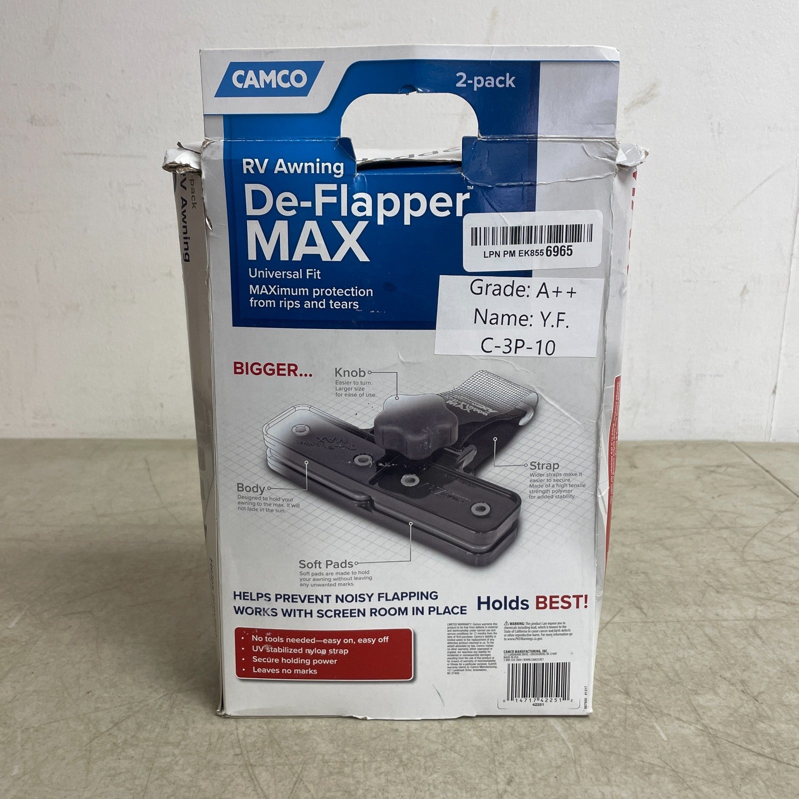 Camco RV Awning De-Flapper Max 2-Pack Black Fabric Clamps Model 42251