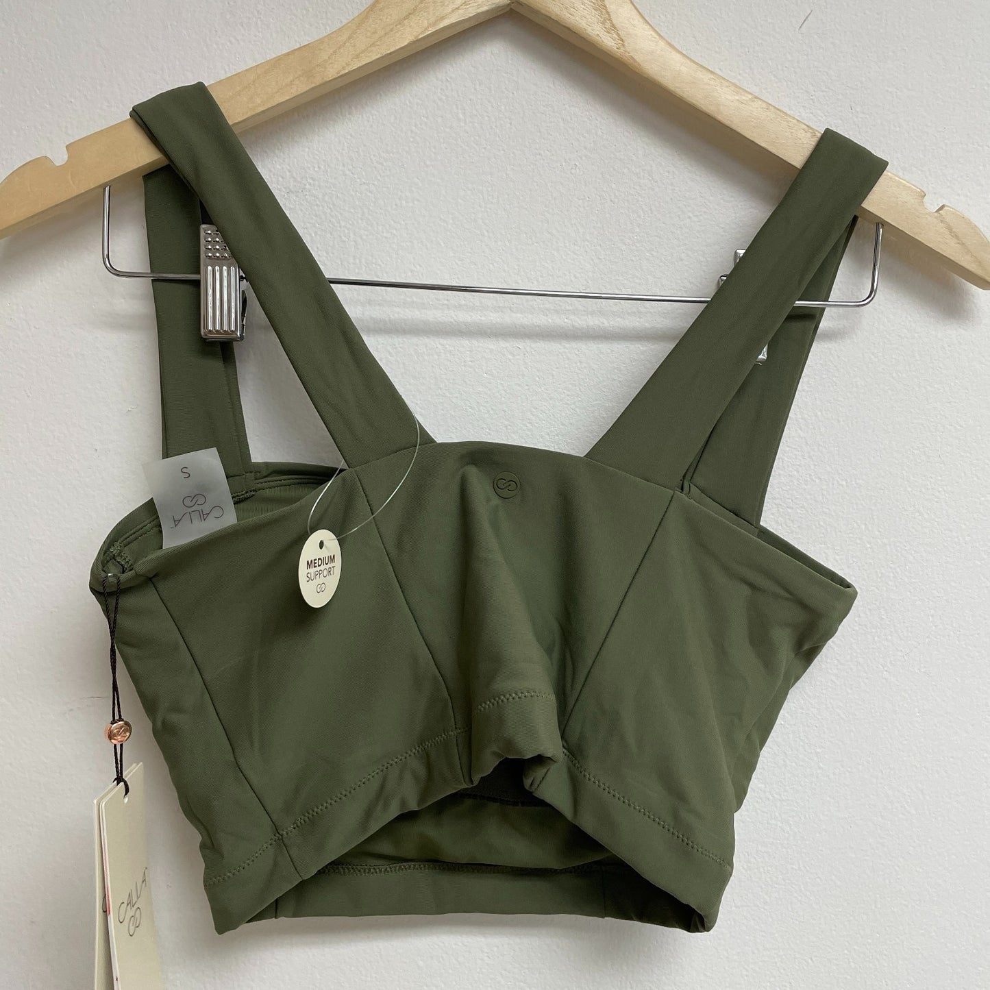 CALIA Womenâs Wide Shoulder Strap Athletic Medium Support Top Dark Olive