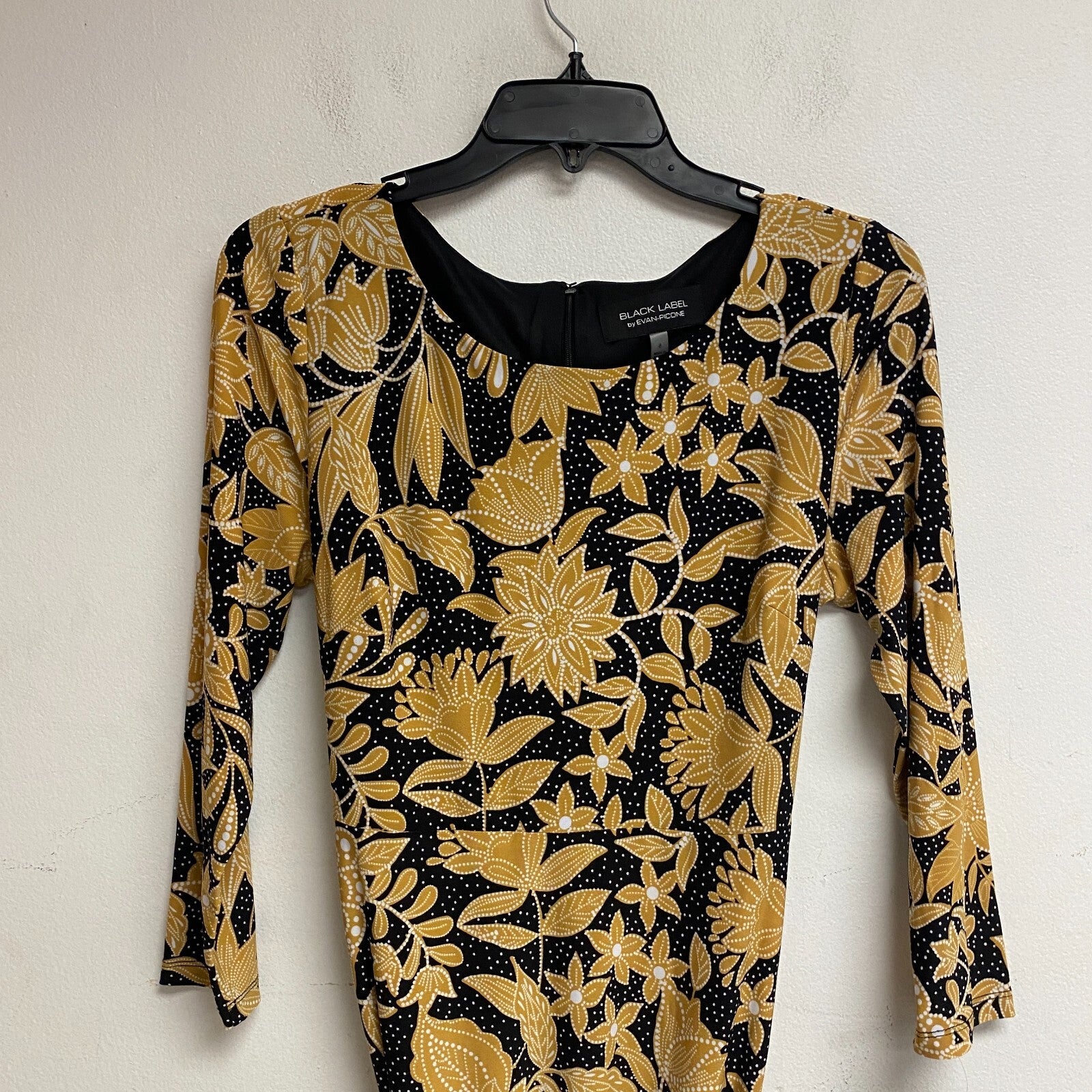 Black Label Women's 3/4 Sleeve Floral Midi Fit+Flare Dress Sz 8 Color Black Gold