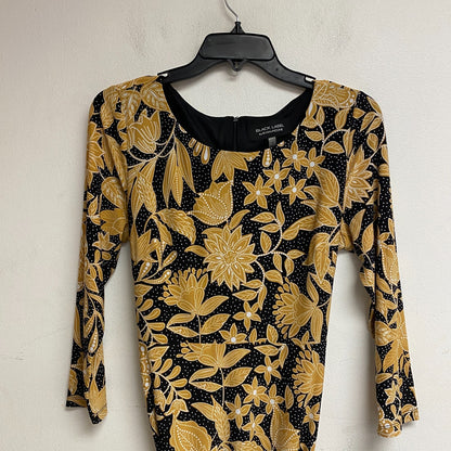 Black Label Women's 3/4 Sleeve Floral Midi Fit+Flare Dress Sz 8 Color Black Gold