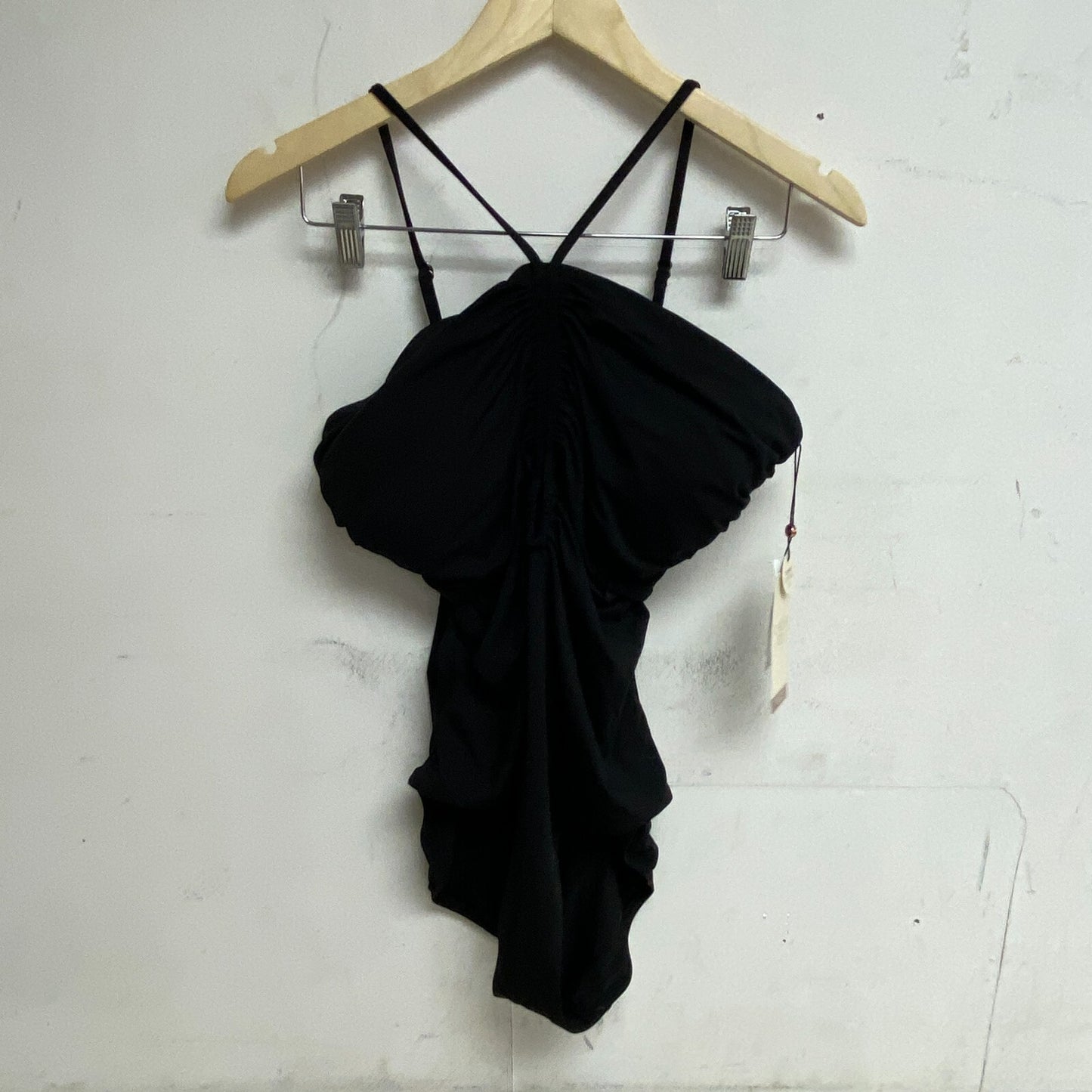 Calia Womens Shirred Cut Out One Piece Tummy Control Swimsuit Pure Black New!