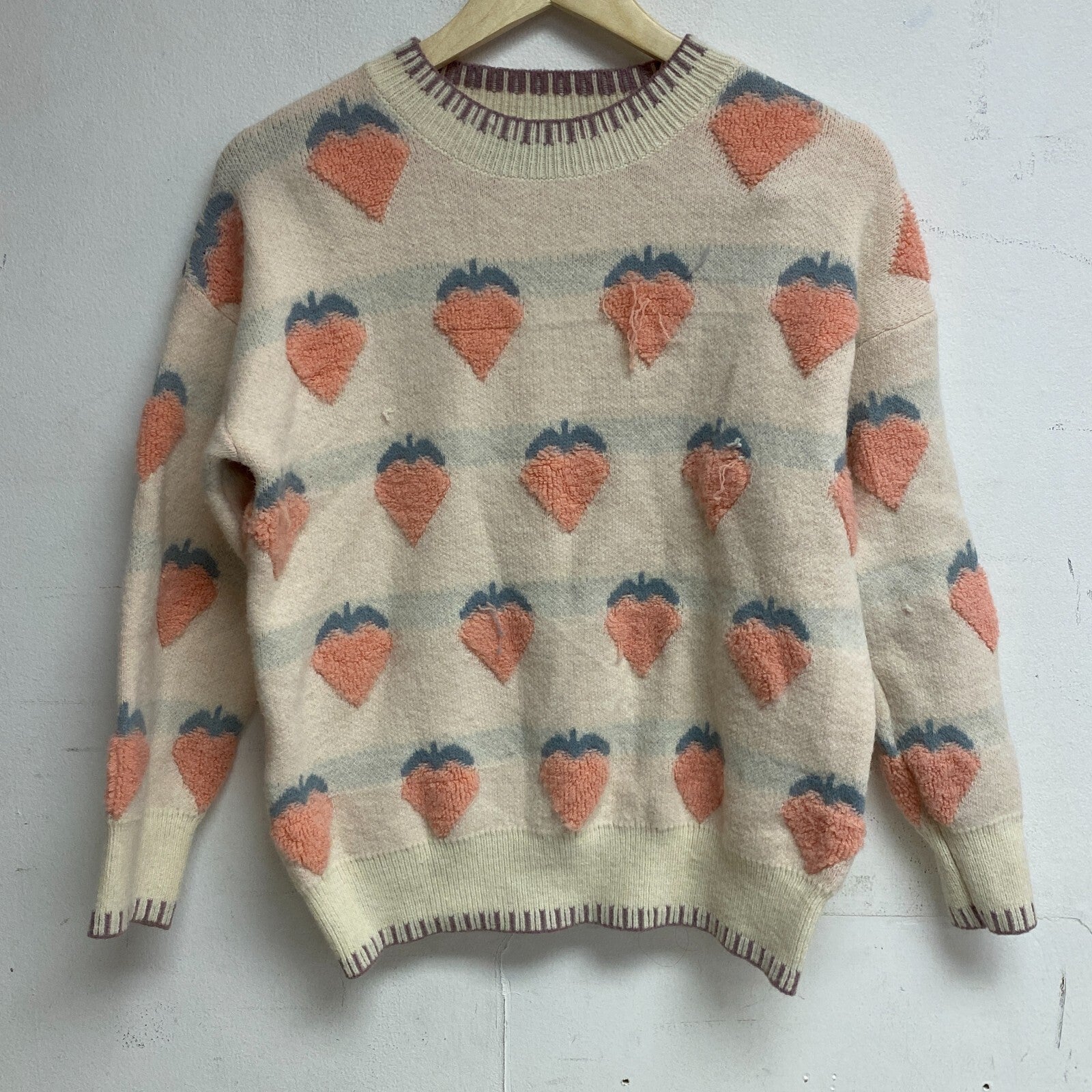 Cider Women Cute Cream and Pink Sweater Strawberry Print Size Medium