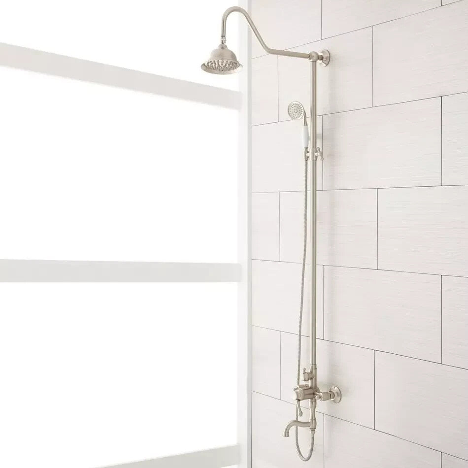 Signature Hardware Dolwick Exposed‑Pipe Shower & Tub Faucet Brushed Nickel