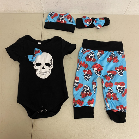 wybzd Infant Baby Boy Short Sleeve Skull Jumpsuit Romper +Floral Long Pants+Hat+