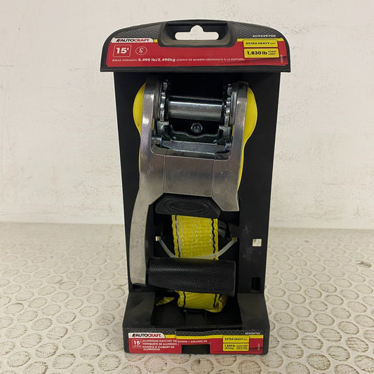 AutoCraft Heavy-Duty Ratchet Tie-Down Strap 15′ Aluminum Hooks Model AC9429700