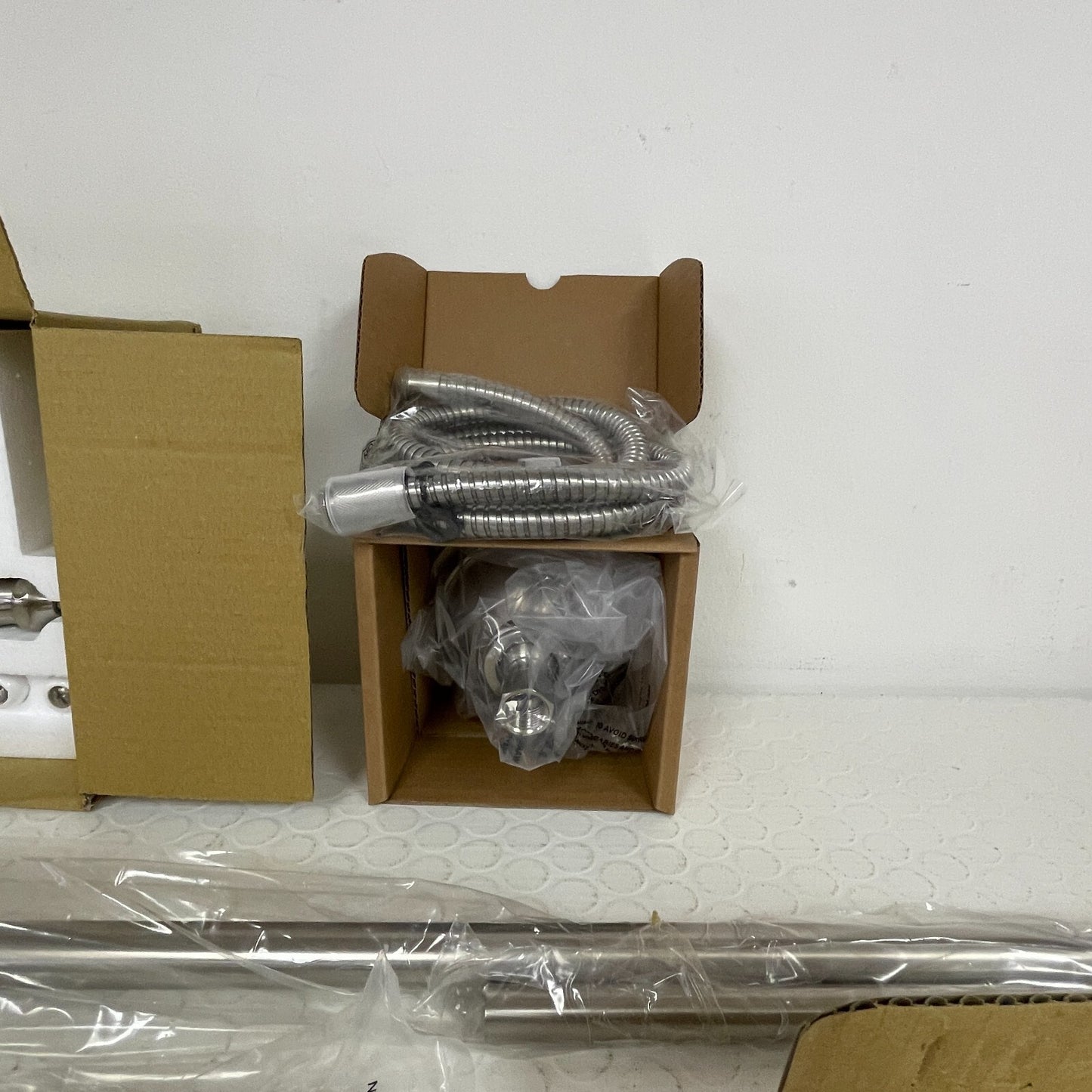 Signature Hardware Baywood Exposed‑Pipe Shower with Hand‑Shower Brushed Nickel