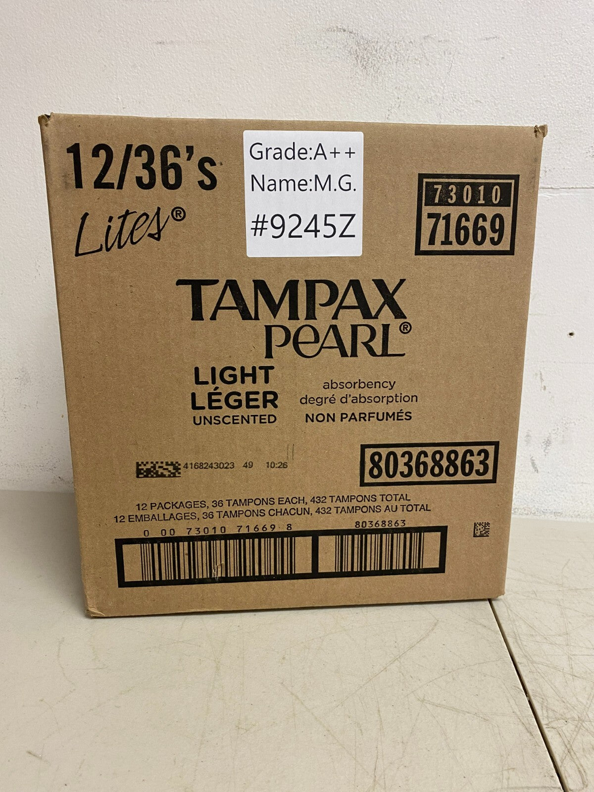 Tampax Pearl Lite's Light Flow Unscented Tampons 12 Packs of 36 (432 Count)