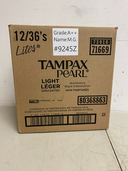 Tampax Pearl Lite's Light Flow Unscented Tampons 12 Packs of 36 (432 Count)