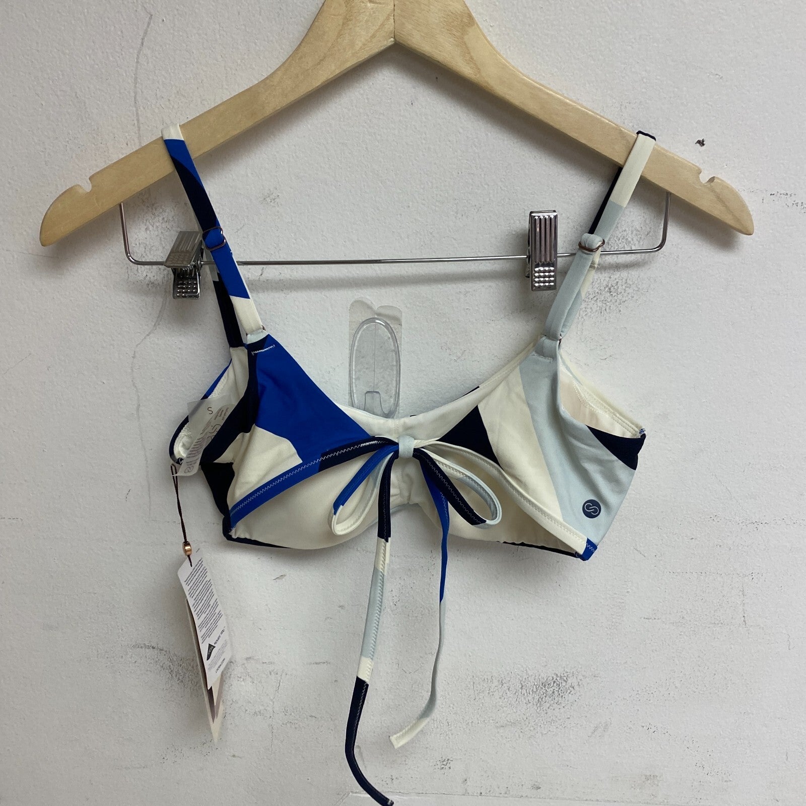 Calia Women's Swim  Tie Back Bikini Top Wavy Blocks Blue WSA23200PRT Brand New!