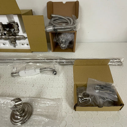 Signature Hardware Baywood Exposed‑Pipe Shower with Hand‑Shower Brushed Nickel