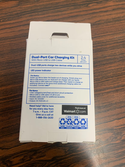 Connect onn Dual-Port Car Charging Kit With Micro-USB to USB Cable 2.4 Amps/Port