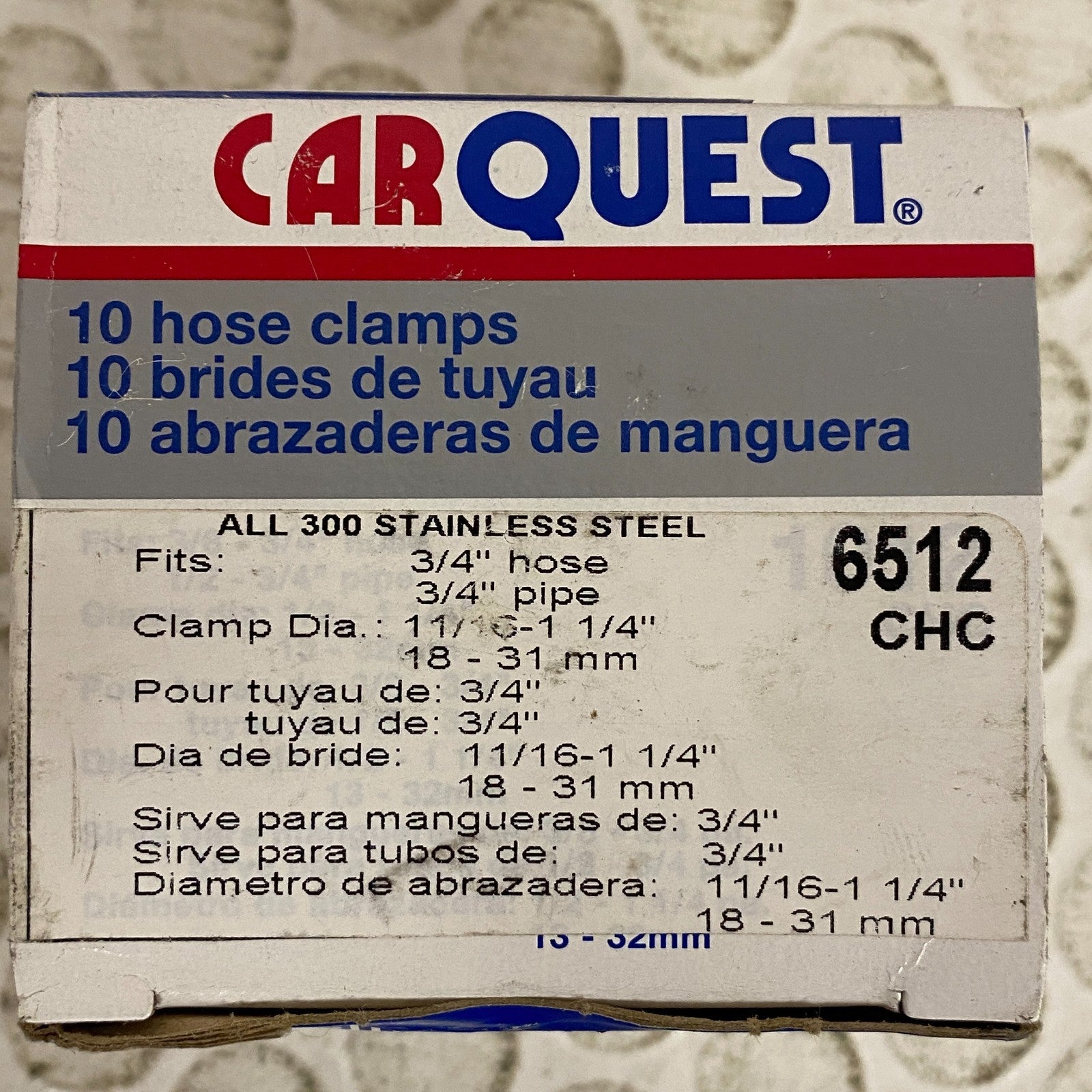 Carquest 6512CHC 10-Pack Stainless Steel Hose Clamps 11/16"-1 1/4" 3/4" Hose Fit