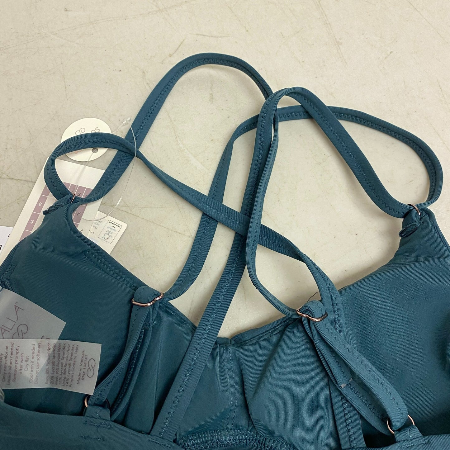 Calia Womens Runched Front Cross Top Deep Aqua Solid Racerback Swimwear WSA23204