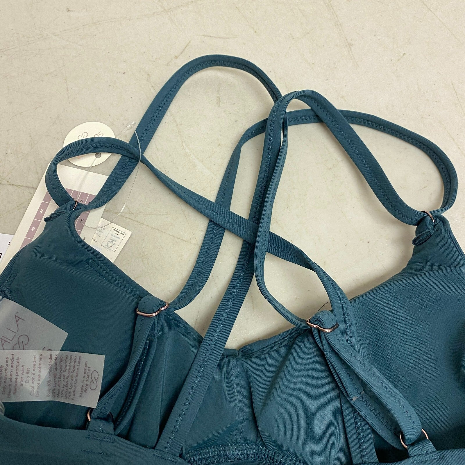 Calia Womens Runched Front Cross Top Deep Aqua Solid Racerback Swimwear WSA23204