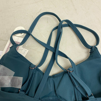 Calia Womens Runched Front Cross Top Deep Aqua Solid Racerback Swimwear WSA23204