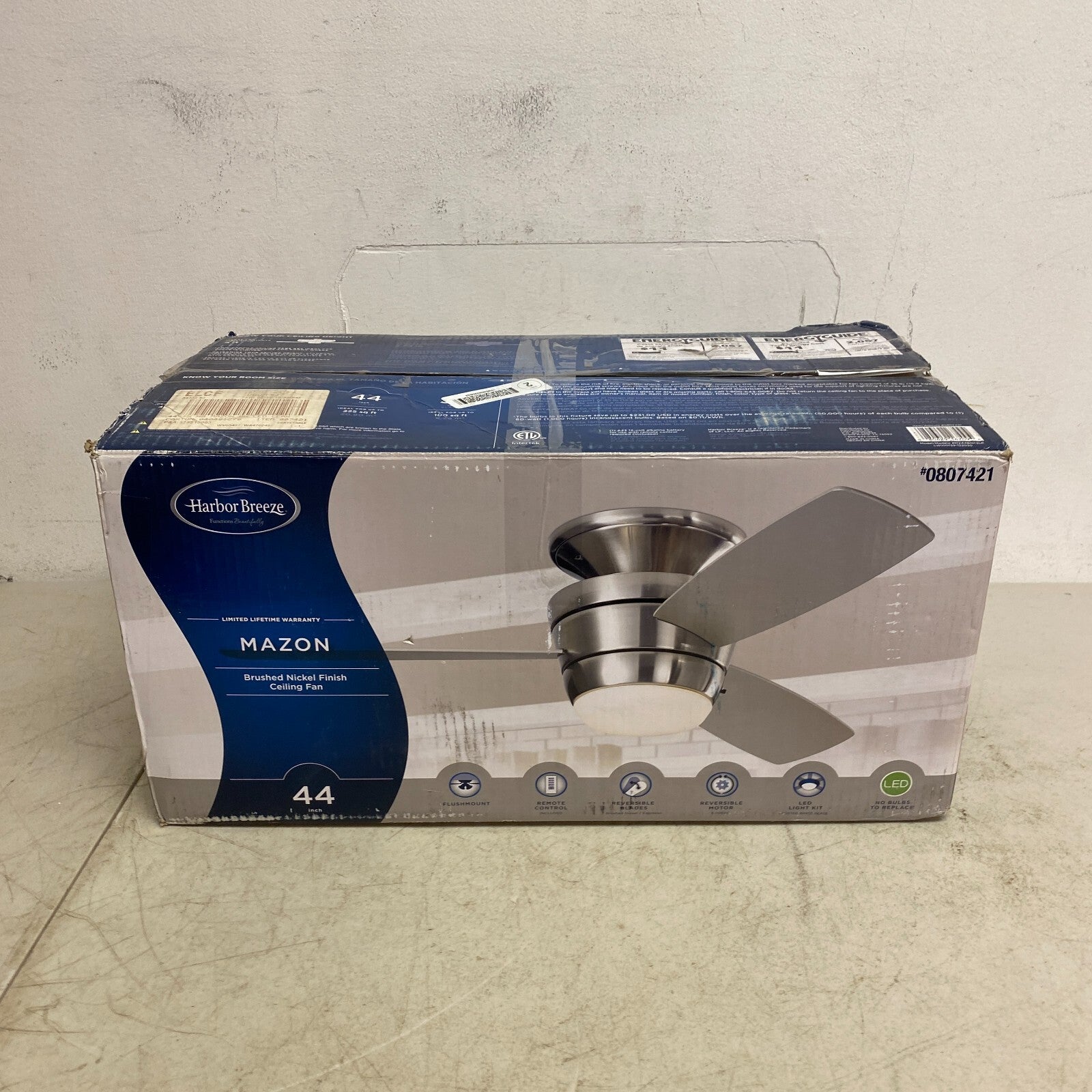 Harbor Breeze Mazon Brushed Nickel Finish Ceiling Fan 44 inch Model # 0807421