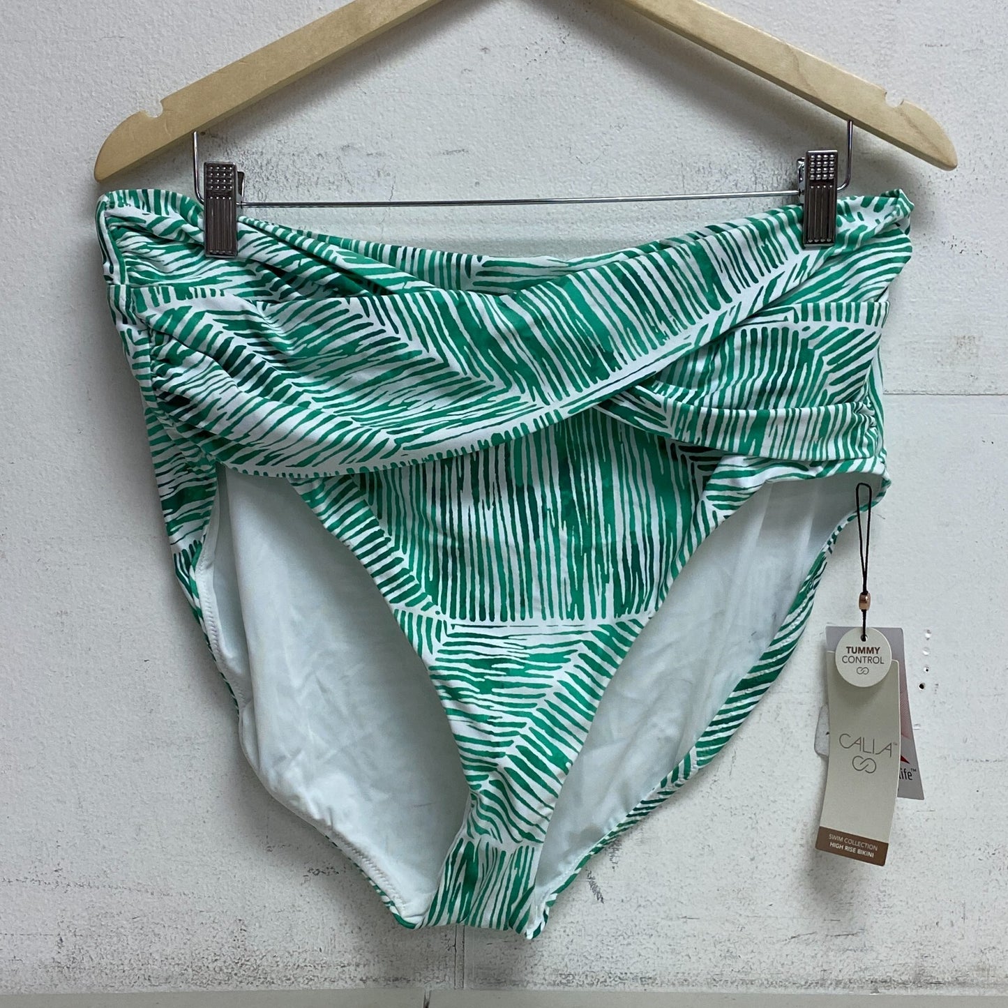 Calia Women's Swim High Rise Twist Front Bottom Small Palm Green WSA22401PRT