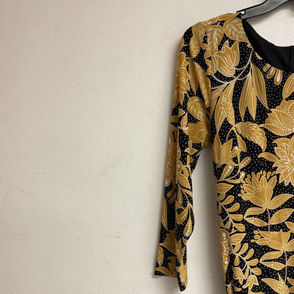 Black Label Women's 3/4 Sleeve Floral Midi Fit+Flare Dress Sz 8 Color Black Gold