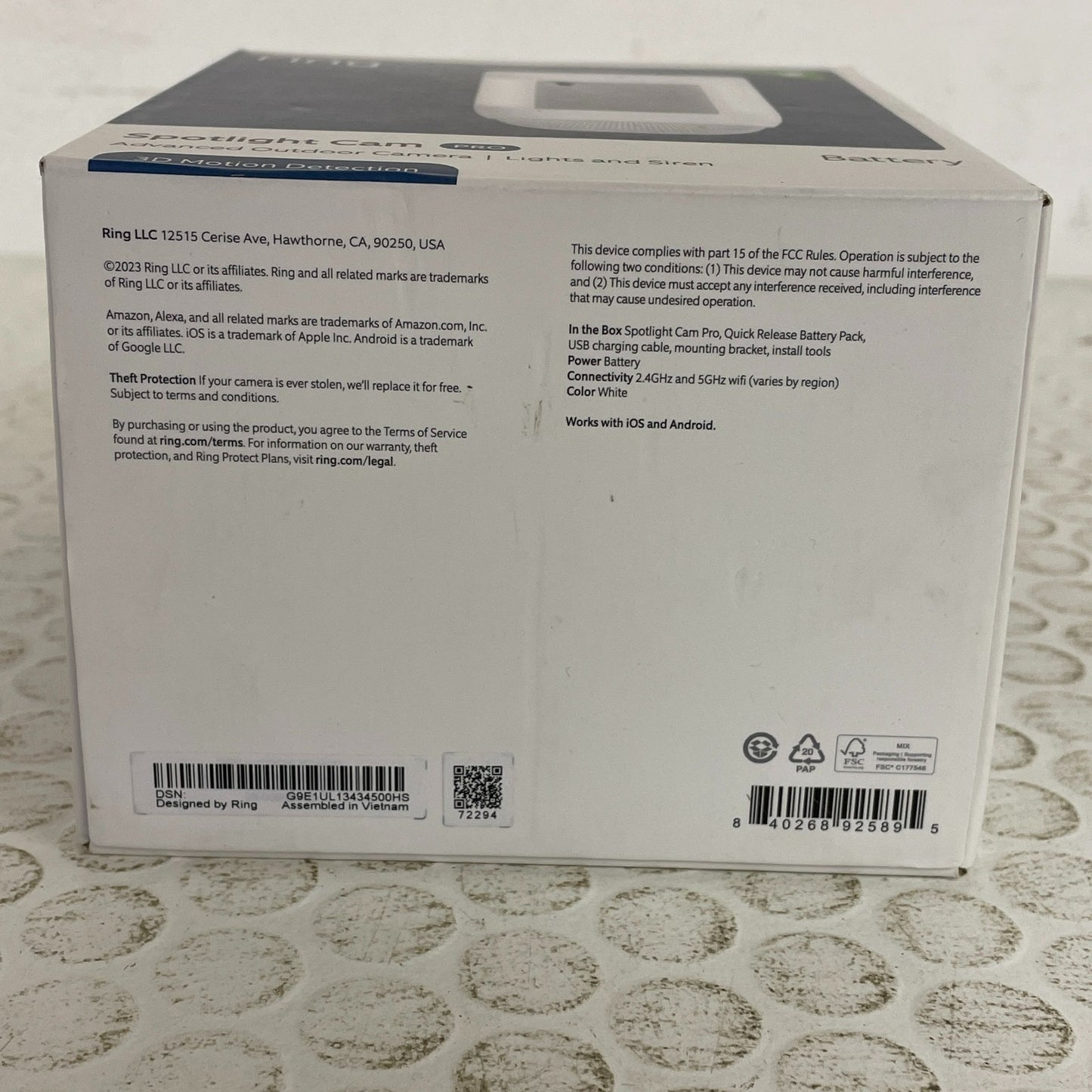 Ring Spotlight Cam Pro Wireless 1080p Battery Surveillance Camera - White