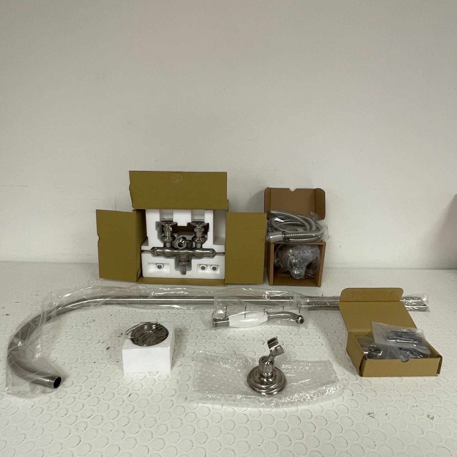 Signature Hardware Baywood Exposed‑Pipe Shower with Hand‑Shower Brushed Nickel