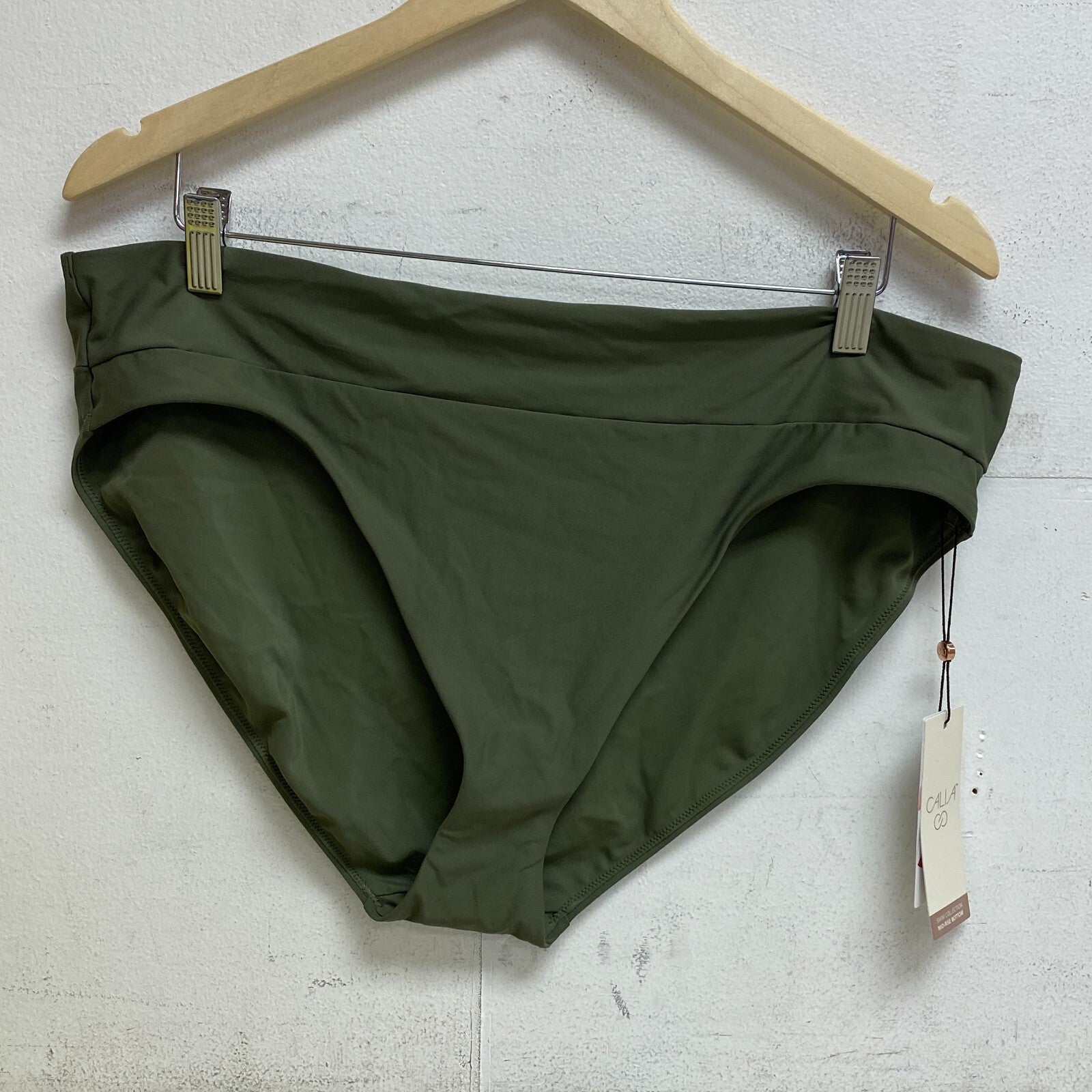 CALIA Women's Mid Rise Wide Banded High Leg Swim Bottoms Dark Olive WSA23414