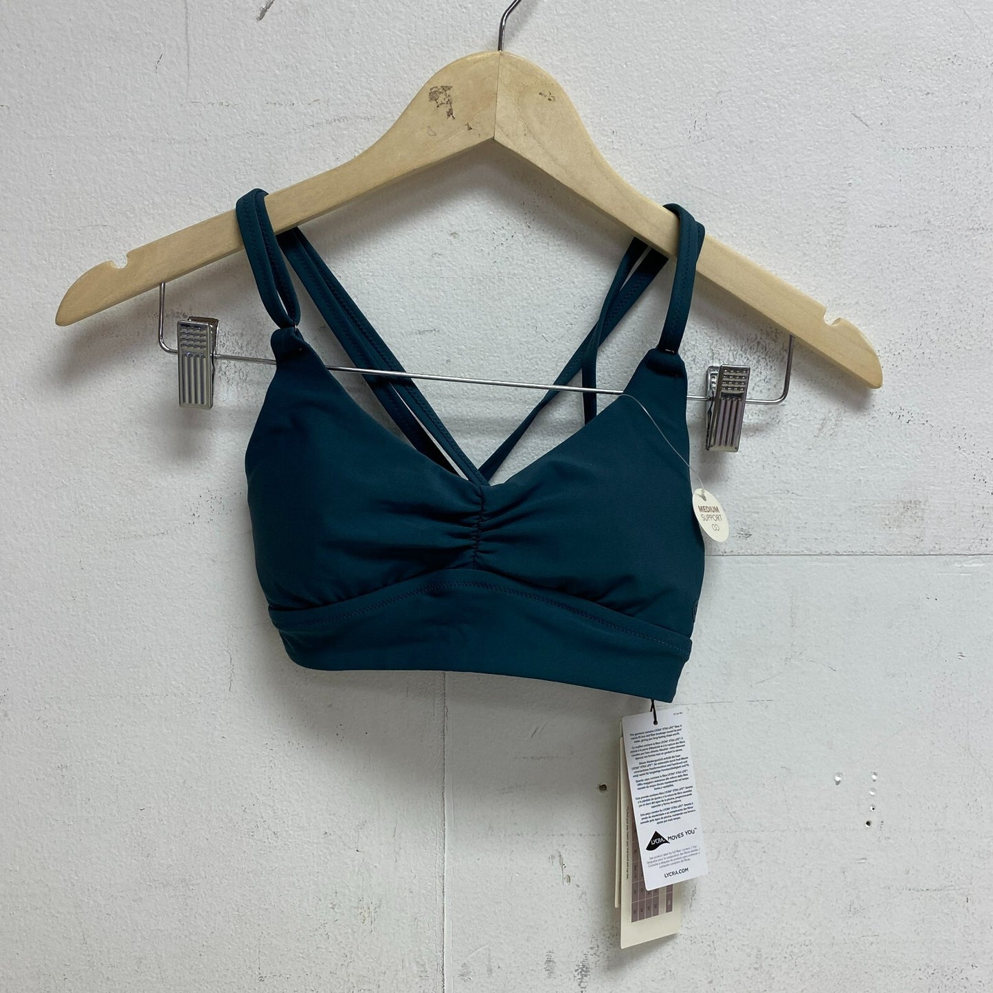 Calia Womens Runched Front Cross Top Deep Aqua Solid Racerback Swimwear WSA23204