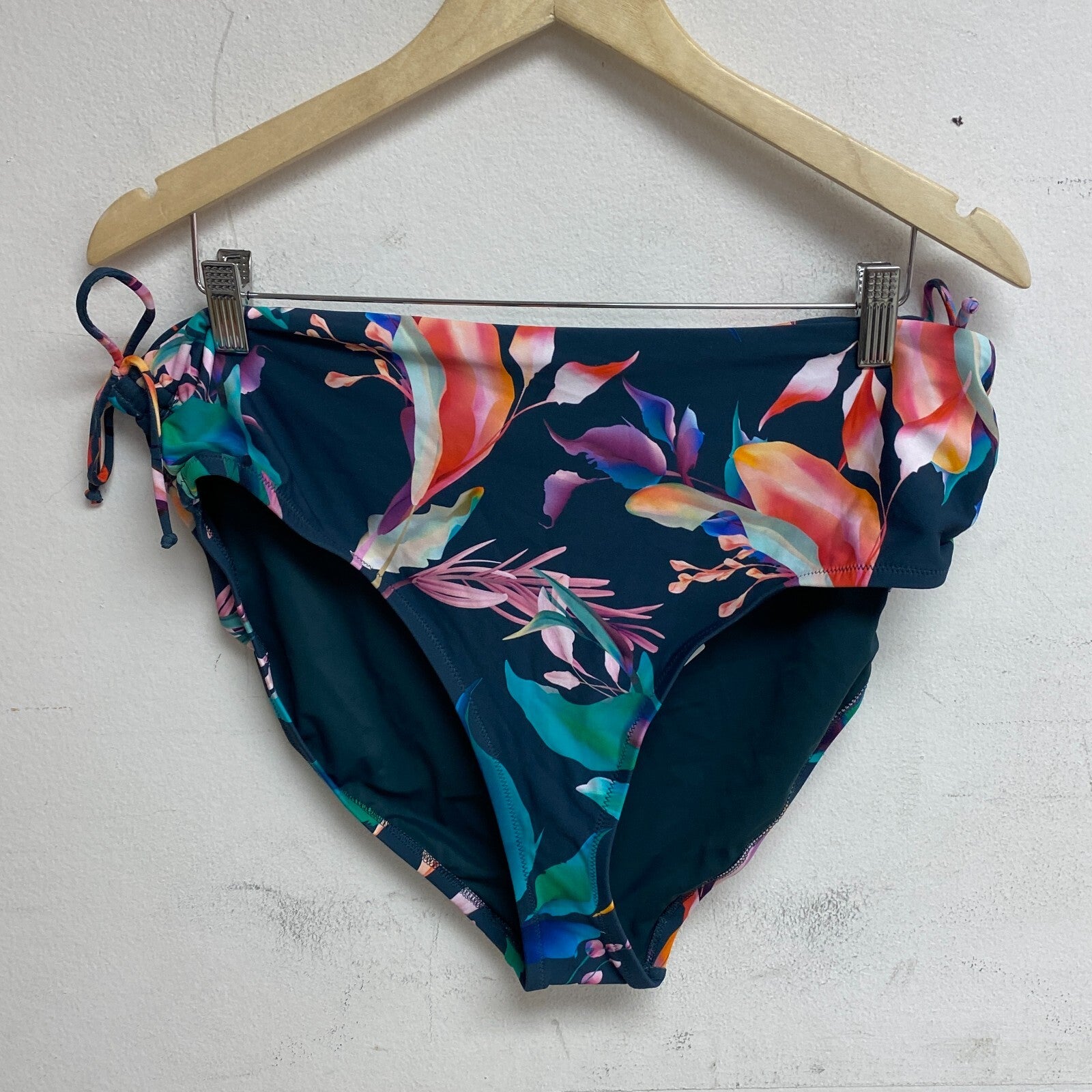 Calia Women's Swim Adjustable Rise Bikini Ruched Side Floral Bottom Aqua Multi