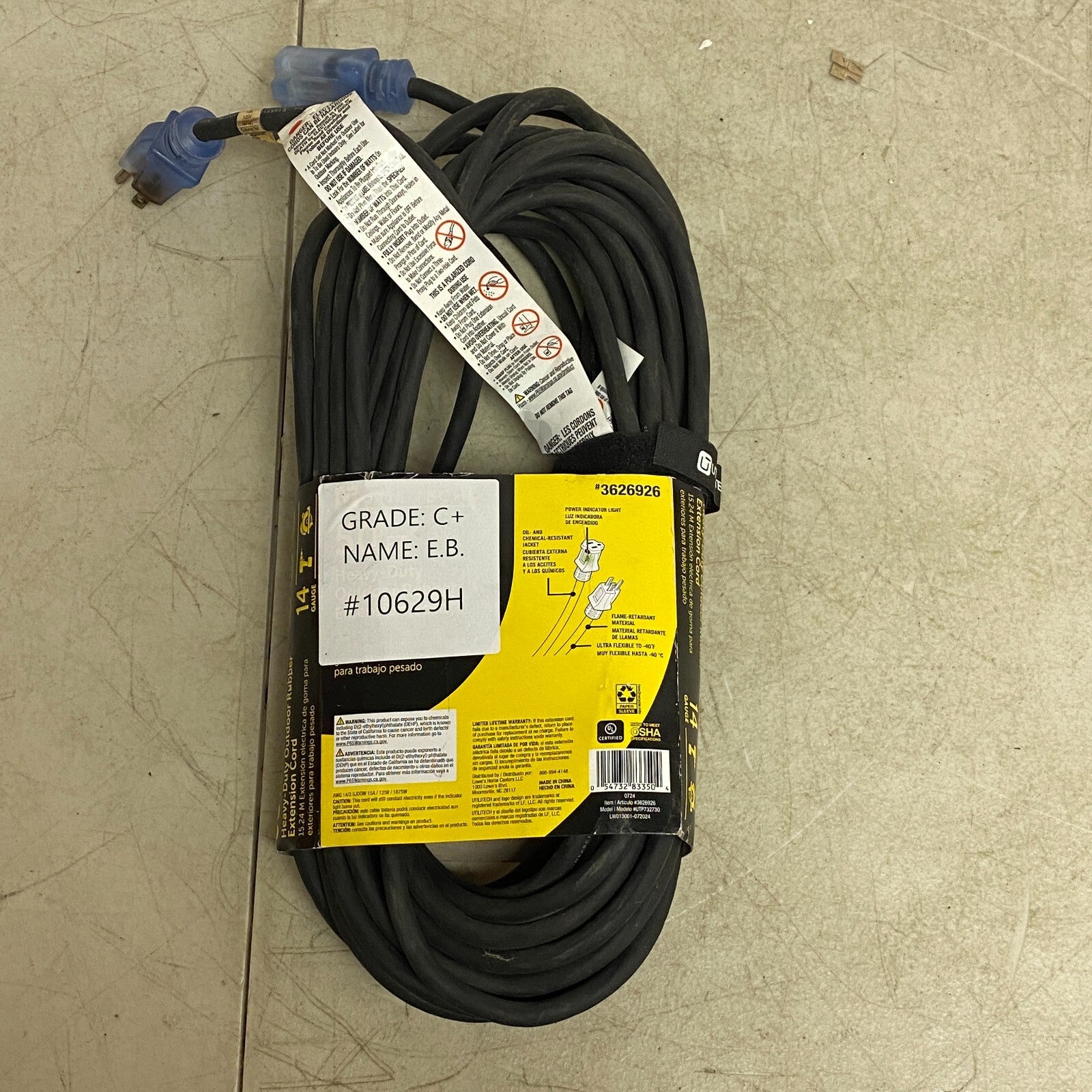 UTILITECH 50 FT HEAVY DUTY OUTDOOR RUVVER EXTENSION CORD